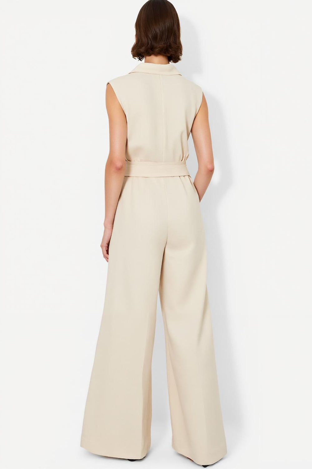Ivory Collar Neck Sleeveless Shirt Buttons Work Jumpsuits with Sash