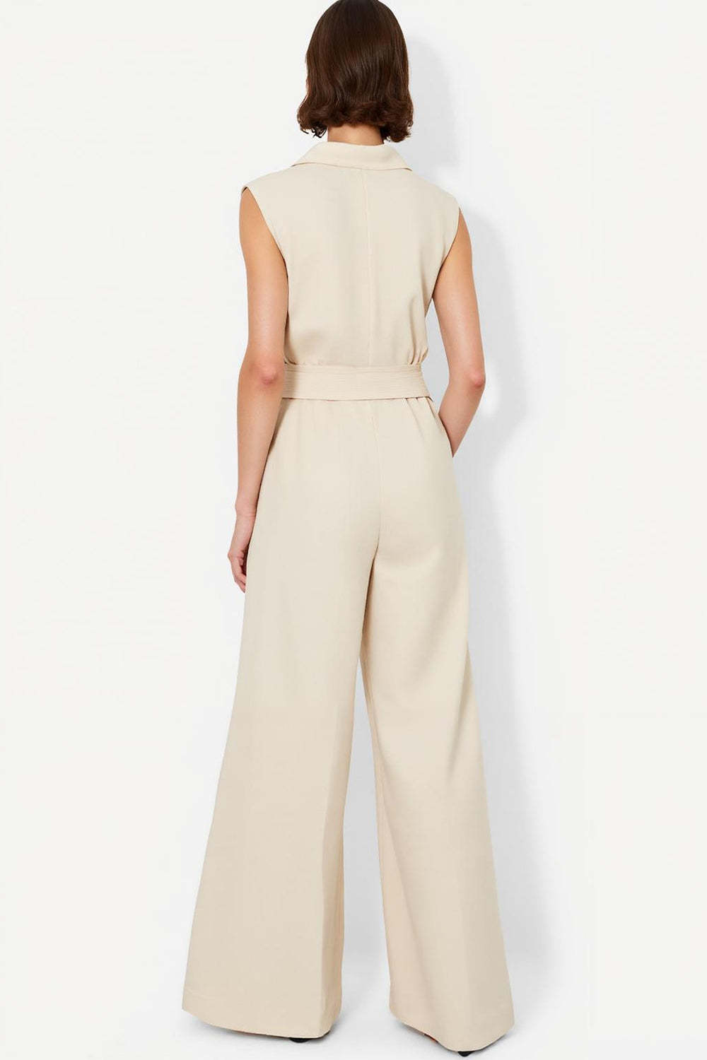 Ivory Collar Neck Sleeveless Shirt Buttons Work Jumpsuits with Sash