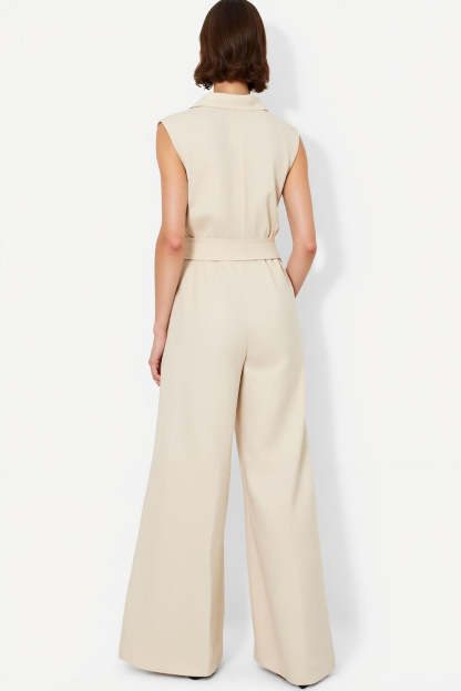 Ivory Collar Neck Sleeveless Shirt Buttons Work Jumpsuits with Sash