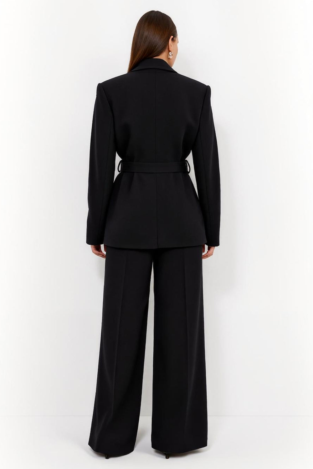 Black Satin Peak Lapel Long Sleeves 2 Piece Women Business Suits with Belt