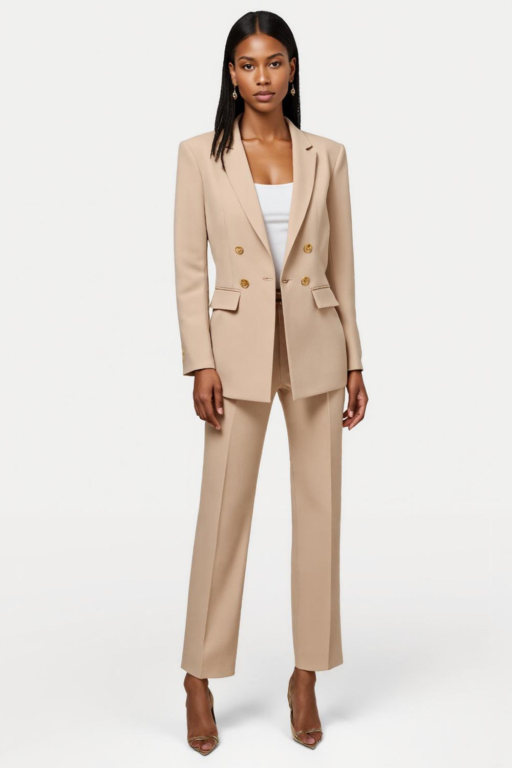 Leely Women Apricot 2 Piece Notched Lapel Business Suits Satin Double Breasted Long Sleeves Work Suits