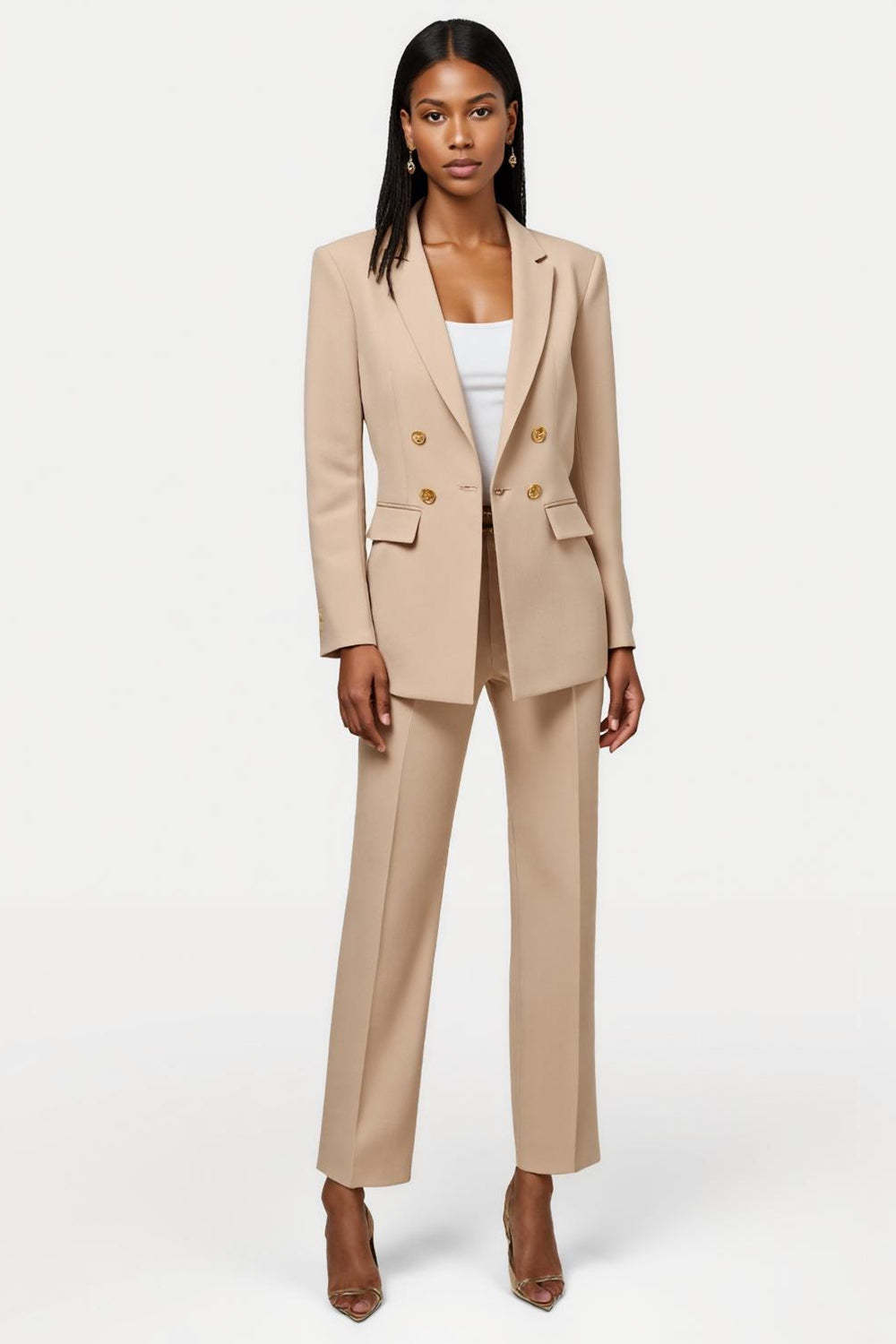 Leely Women Apricot 2 Piece Notched Lapel Business Suits Satin Double Breasted Long Sleeves Work Suits