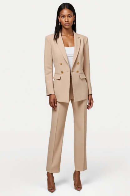 Leely Women Apricot 2 Piece Notched Lapel Business Suits Satin Double Breasted Long Sleeves Work Suits