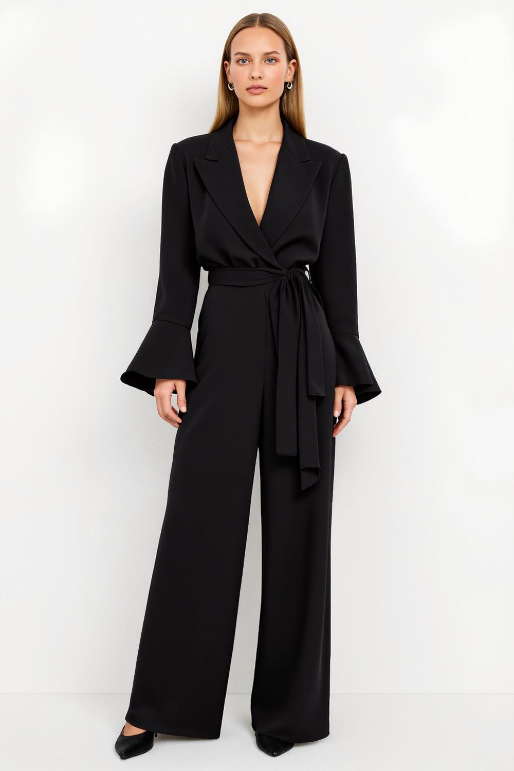 Leely Women Black Peak Lapel Work Jumpsuits with Sash Flare Sleeves Satin Business Rompers