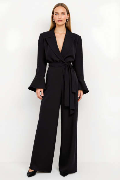 Leely Women Black Peak Lapel Work Jumpsuits with Sash Flare Sleeves Satin Business Rompers