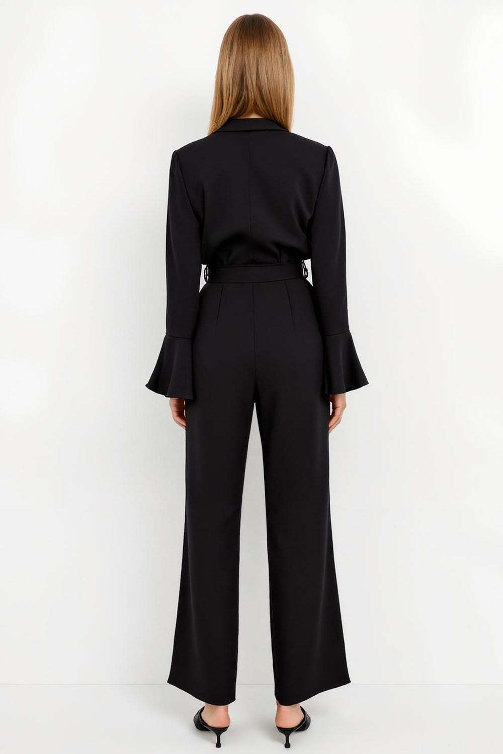 Black Peak Lapel Satin Flare Sleeves Work Jumpsuits with Sash