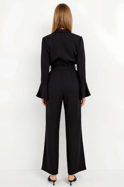 Black Peak Lapel Satin Flare Sleeves Work Jumpsuits with Sash