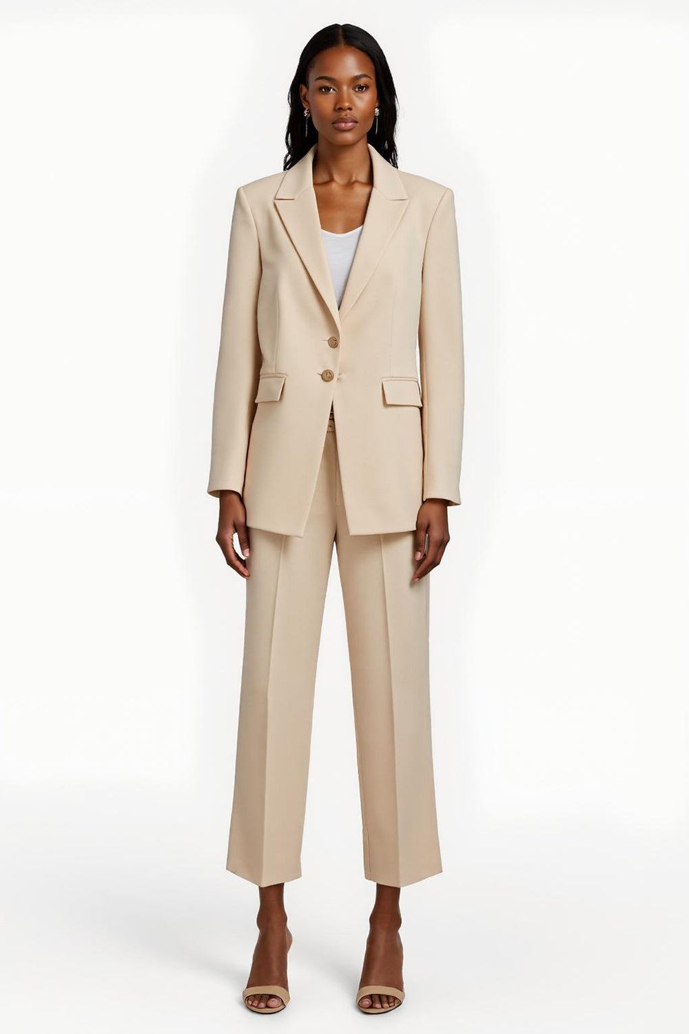 Leely Women Apricot 2 Piece Notched Lapel Business Suits Satin Single Breasted Long Sleeves Work Suits