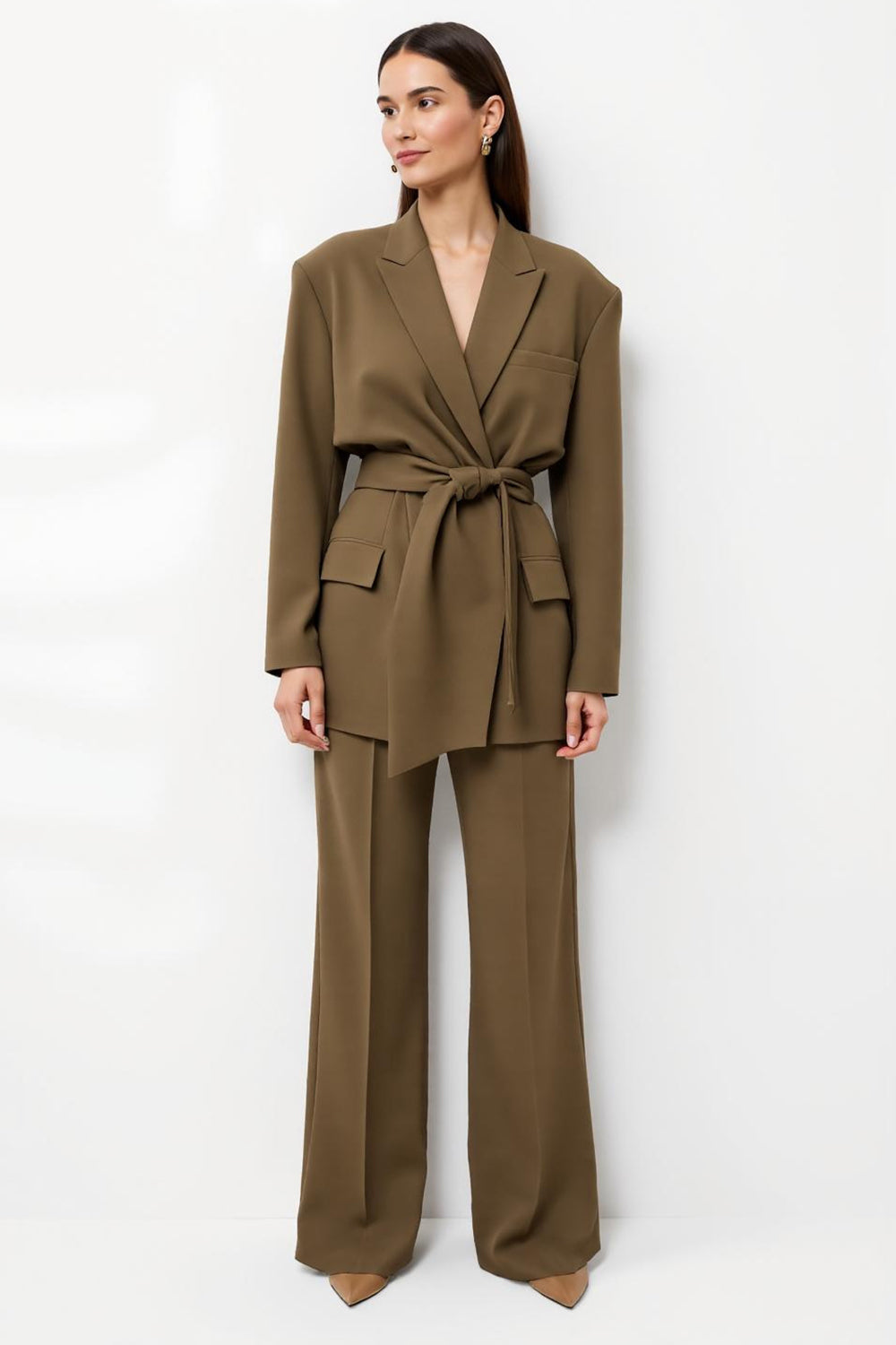 Leely Women Brown 2 Piece Peak Lapel Business Suits Satin Long Sleeves Work Suits