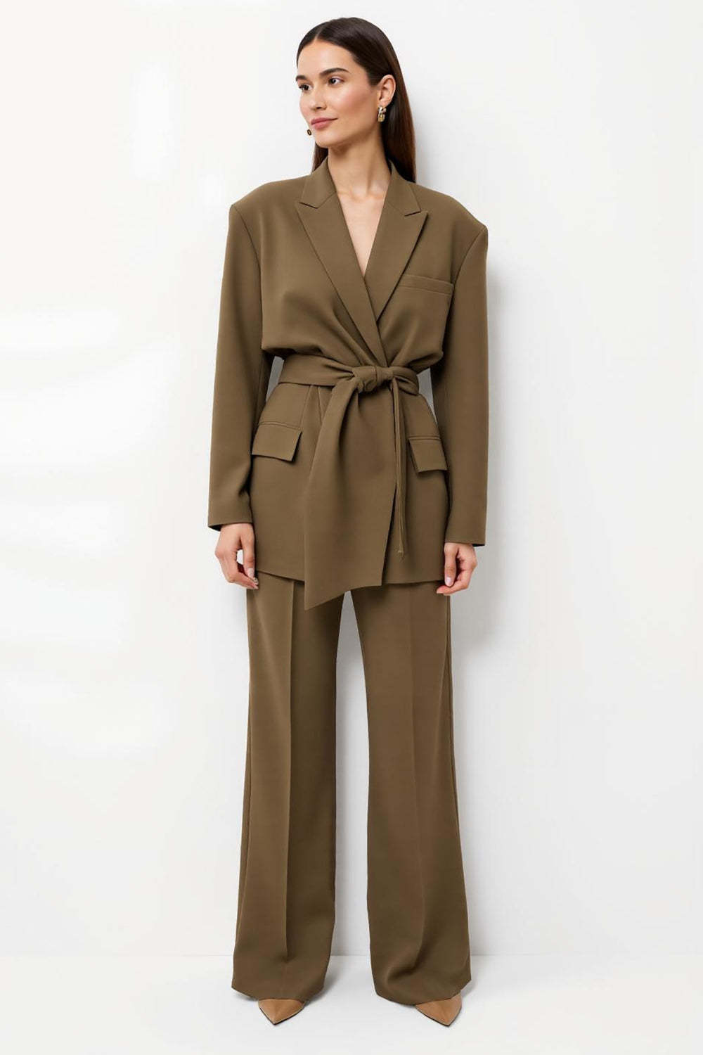 Leely Women Brown 2 Piece Peak Lapel Business Suits Satin Long Sleeves Work Suits