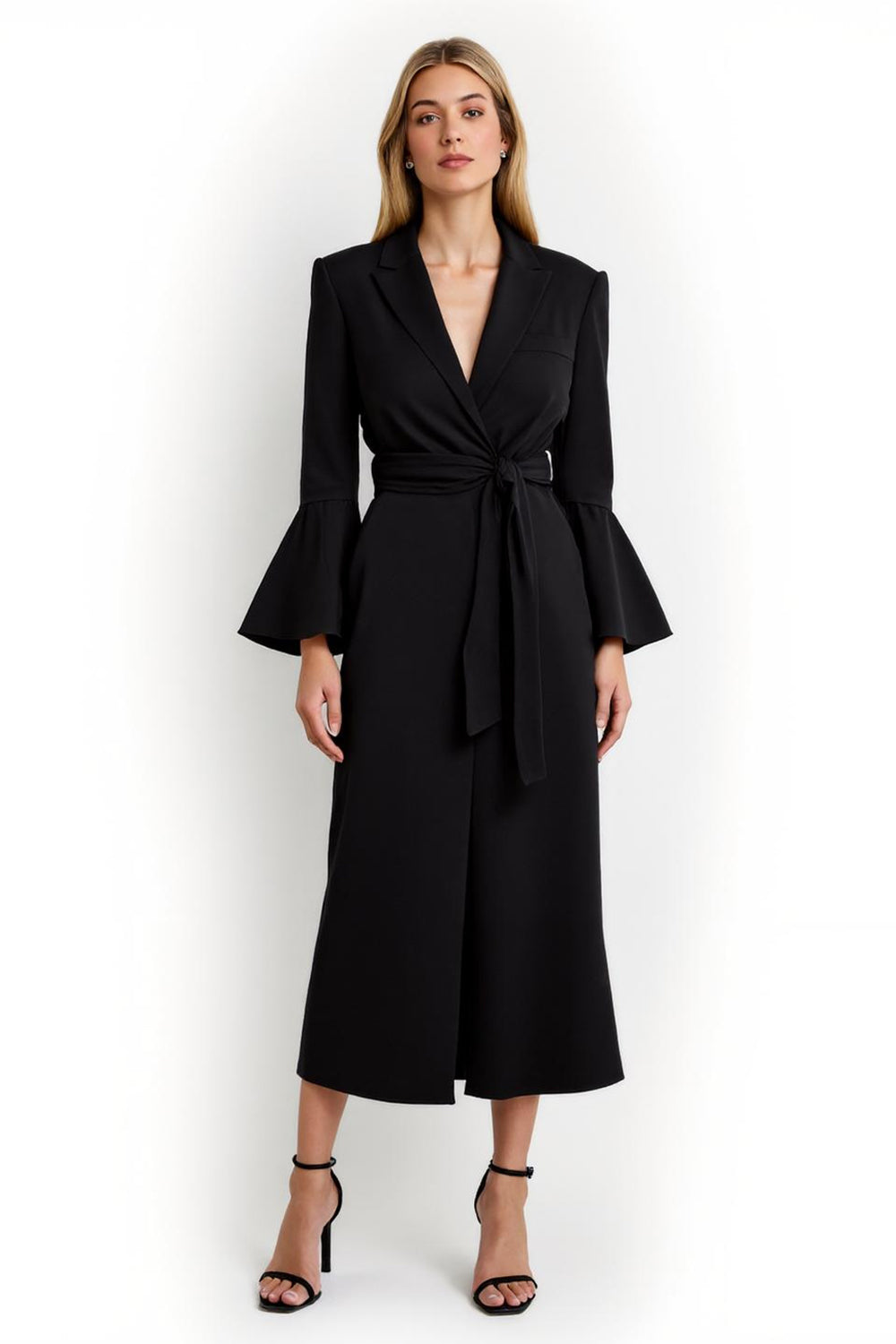Pencil Long Black Notched Lapel Flare Sleeves Blazer Dress with Sash