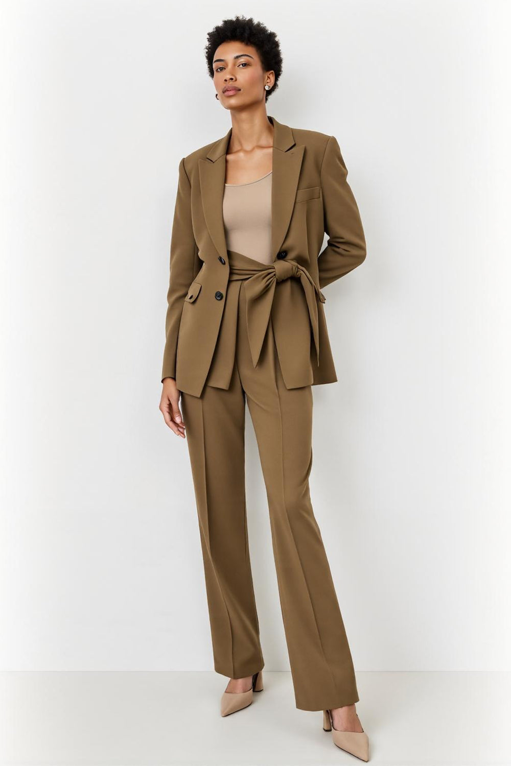 Leely Women Brown 2 Piece Satin Business Suits with Bow Peak Lapel Long Sleeves Ruched Work Suits