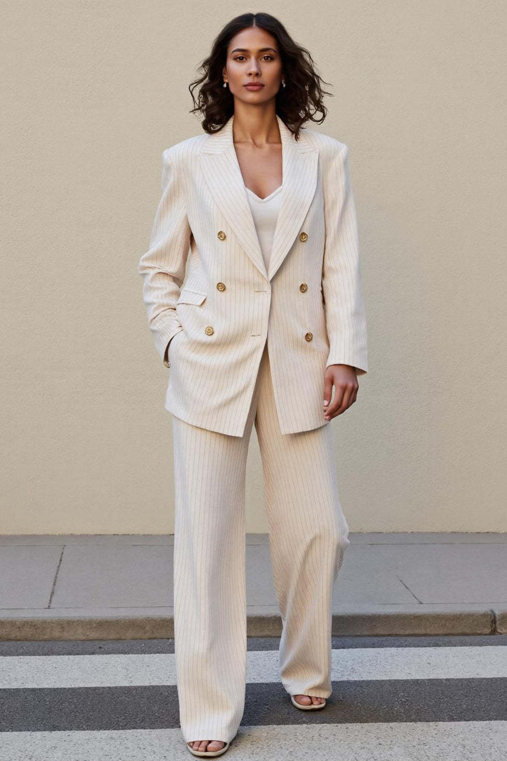 Leely Women Ivory Satin 2 Piece Striped Business Suits Peak Lapel Double Breasted Long Sleeves Work Suits with Pockets
