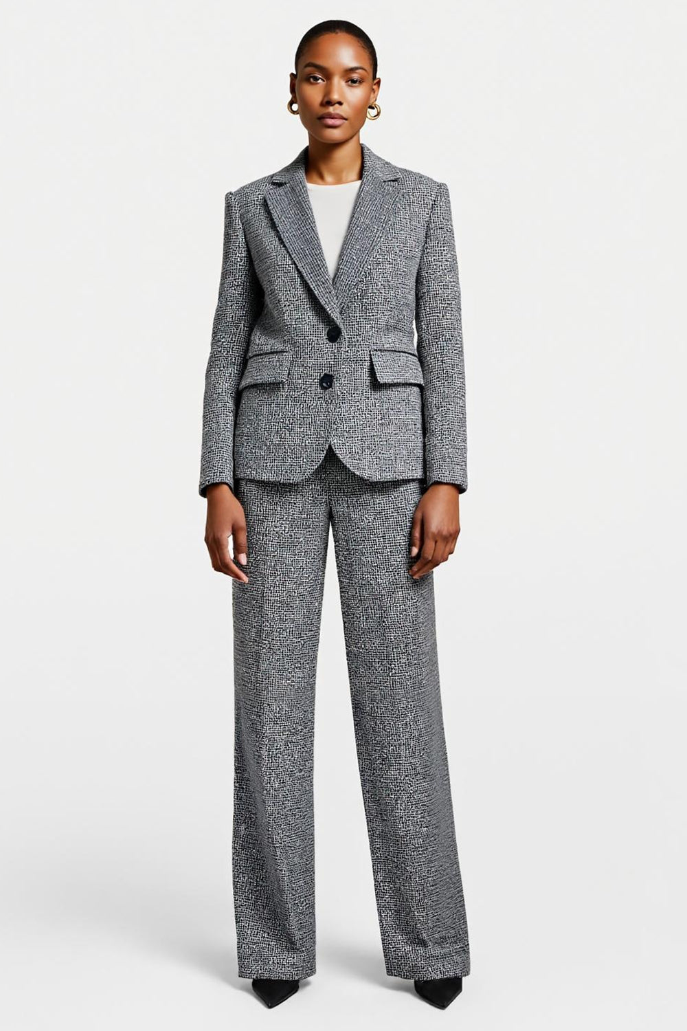 Leely Women Grey Tweed 2 Piece Business Suits Notched Lapel Single Breasted Work Suits with Sleeves