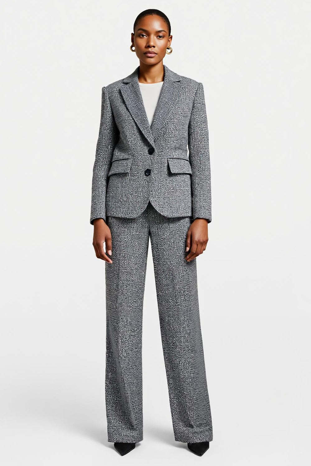 Leely Women Grey Tweed 2 Piece Business Suits Notched Lapel Single Breasted Work Suits with Sleeves