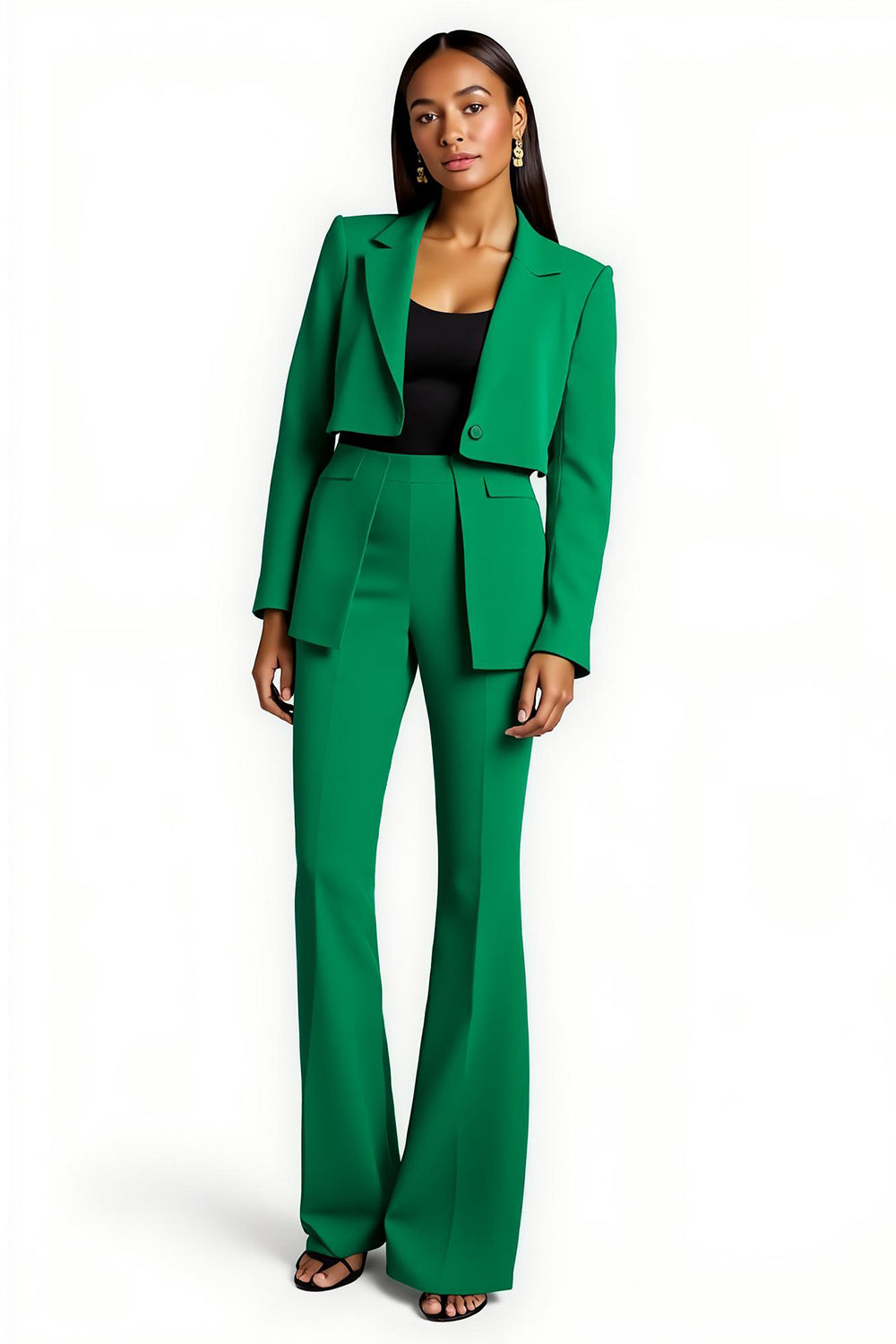 Leely Women Dark Green 2 Piece Notched Lapel Business Suits Satin Flare Leg One Button Long Sleeves Work Suits