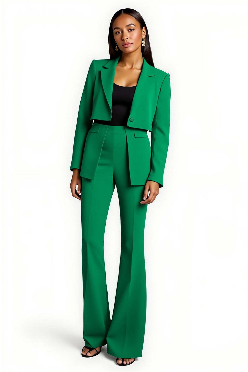 Leely Women Dark Green 2 Piece Notched Lapel Business Suits Satin Flare Leg One Button Long Sleeves Work Suits