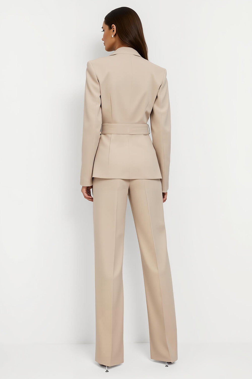 2 Piece Notched Lapel Apricot Long Sleeves Women Business Suits with Belt