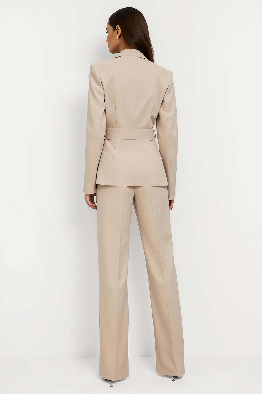 2 Piece Notched Lapel Apricot Long Sleeves Women Business Suits with Belt