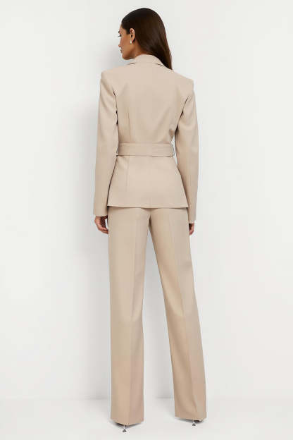 2 Piece Notched Lapel Apricot Long Sleeves Women Business Suits with Belt