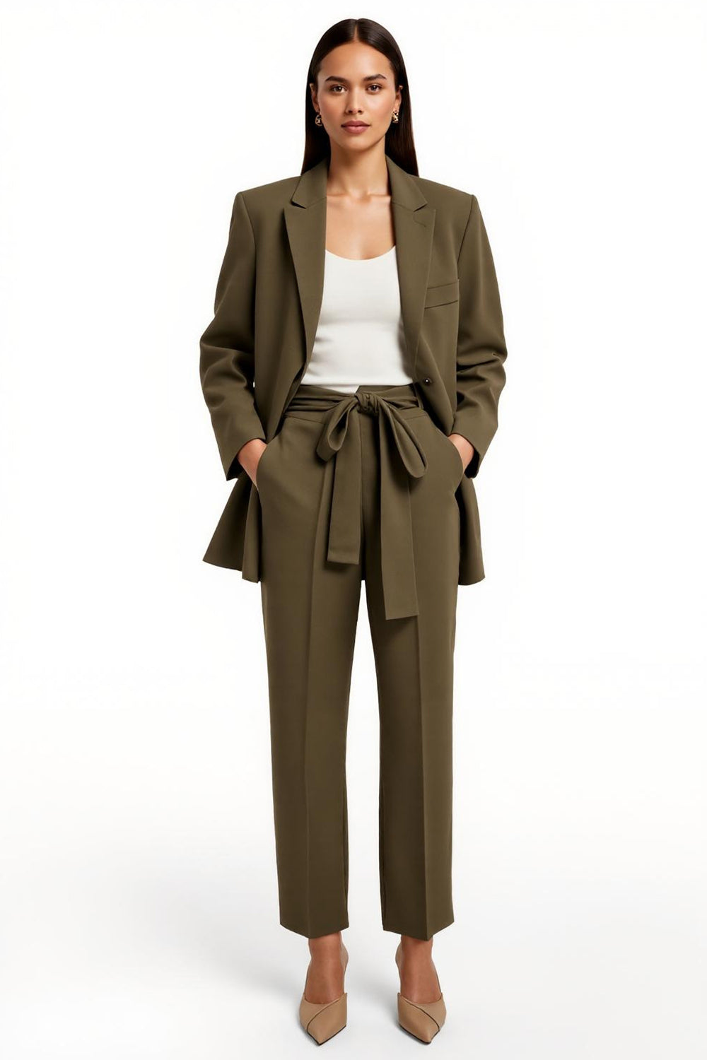 Leely Women Arm Green Satin 2 Piece Peak Lapel Business Suits with Pockets Long Sleeves Work Suits with Sash