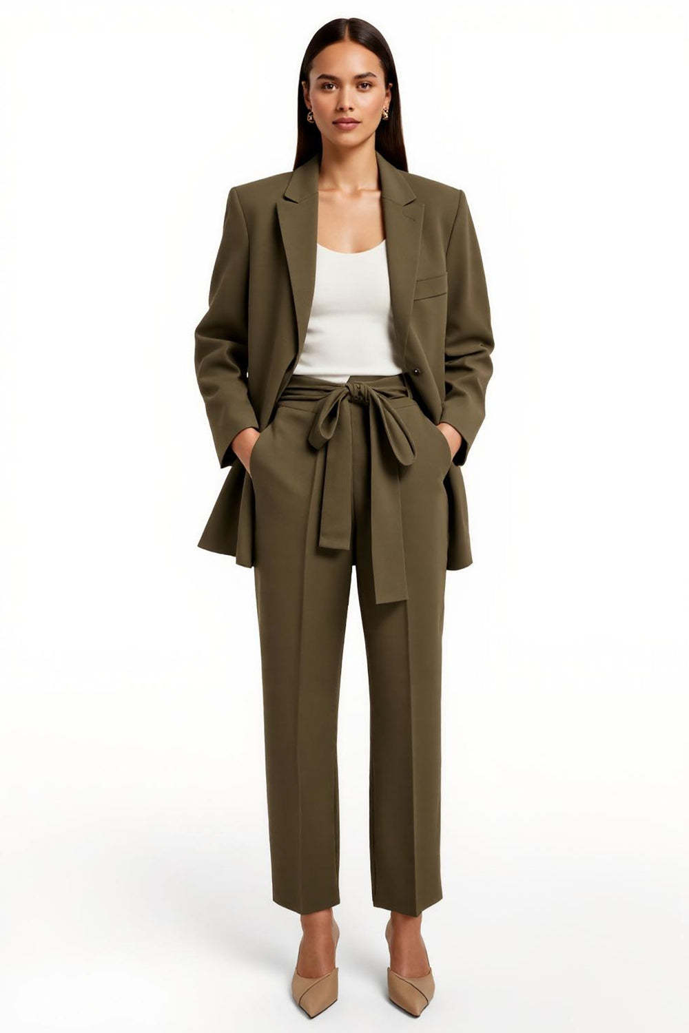Leely Women Arm Green Satin 2 Piece Peak Lapel Business Suits with Pockets Long Sleeves Work Suits with Sash