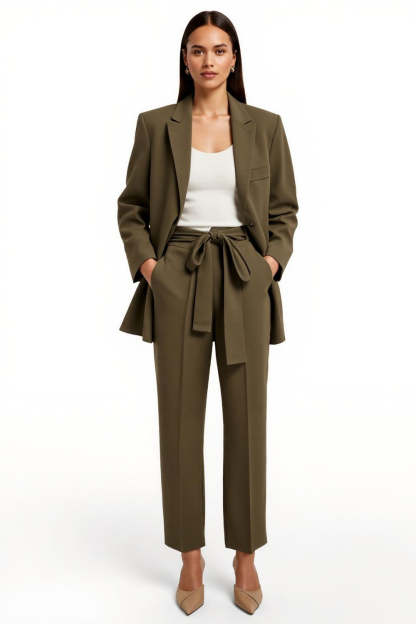 Leely Women Arm Green Satin 2 Piece Peak Lapel Business Suits with Pockets Long Sleeves Work Suits with Sash