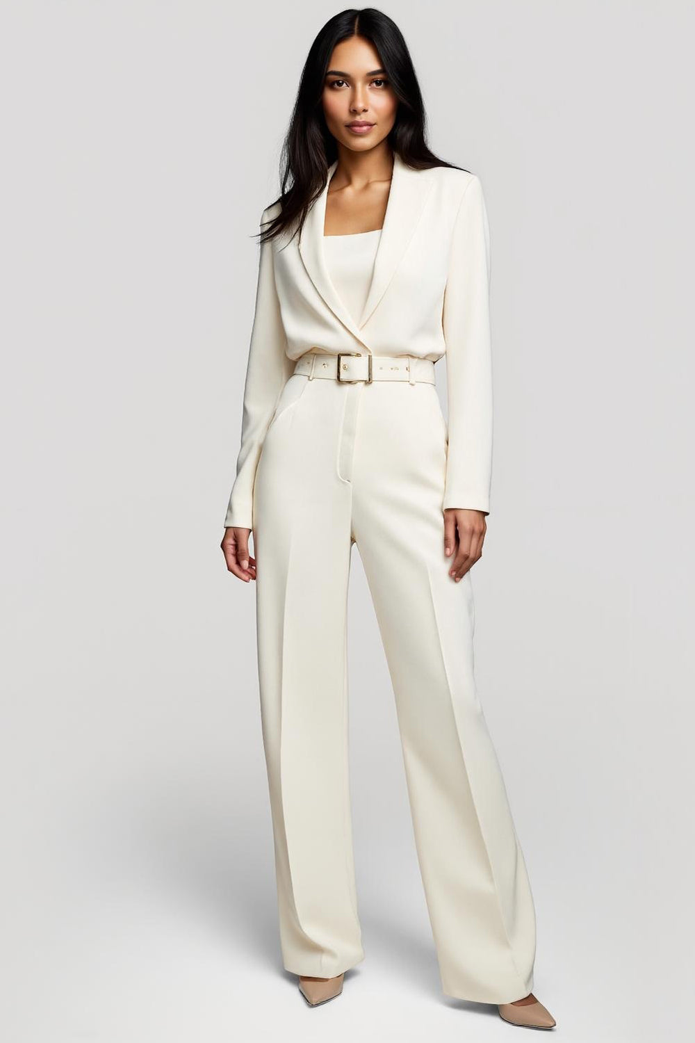 Leely Women Ivory One Piece Shawl Lapel Work Jumpsuits Satin Long Sleeves Business Rompers with Belt