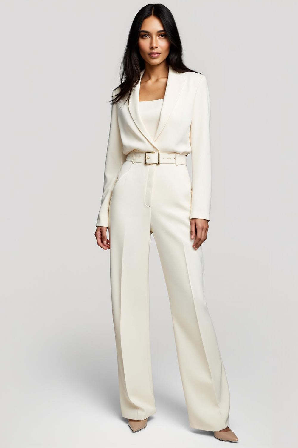 Leely Women Ivory One Piece Shawl Lapel Work Jumpsuits Satin Long Sleeves Business Rompers with Belt