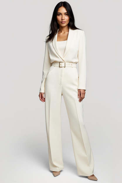 Leely Women Ivory One Piece Shawl Lapel Work Jumpsuits Satin Long Sleeves Business Rompers with Belt