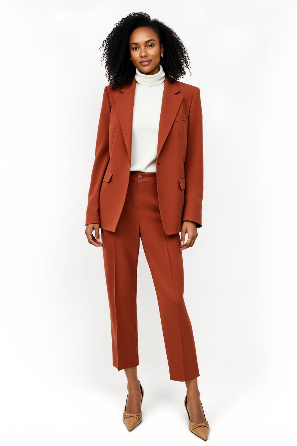 Leely Women Brick Red 2 Piece Notched Lapel Business Suits Satin Long Sleeves One Button Work Suits