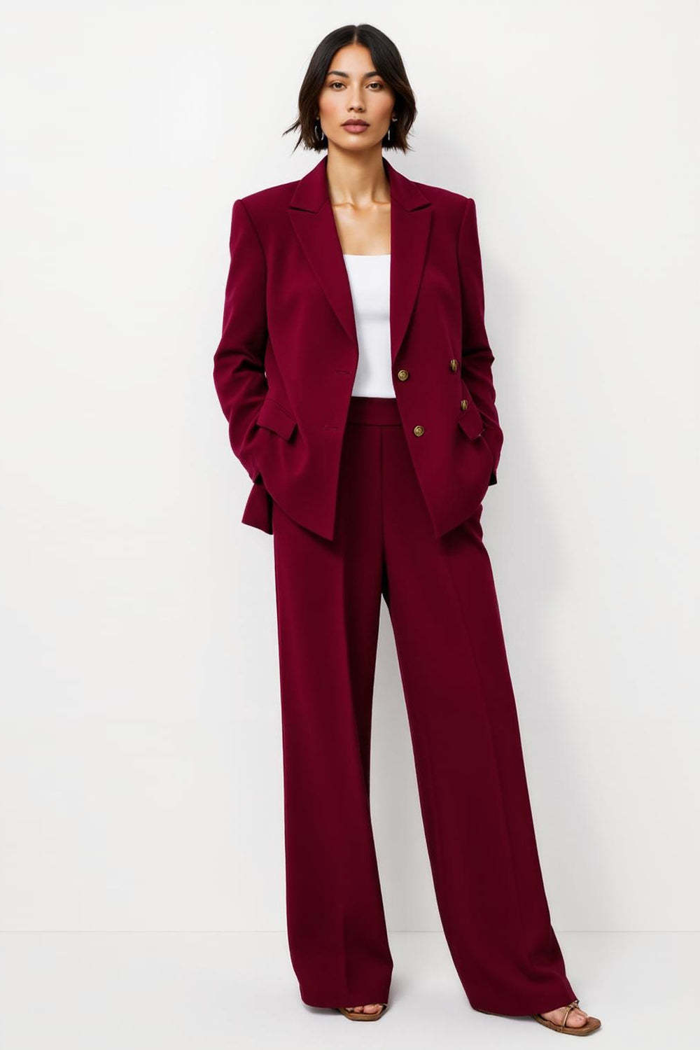Burgundy Satin 2 Piece Notched Lapel Women Business Suits with Pockets