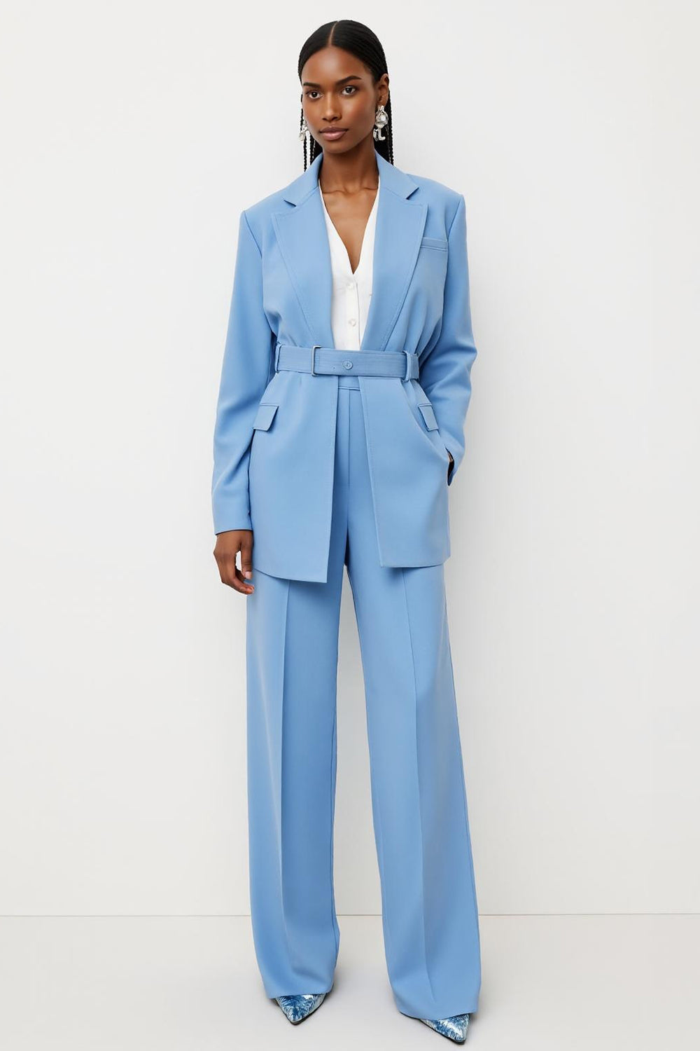 Leely Women Blue 2 Piece Satin Business Suits with Pockets Notched Lapel Long Sleeves Work Suits with Belt