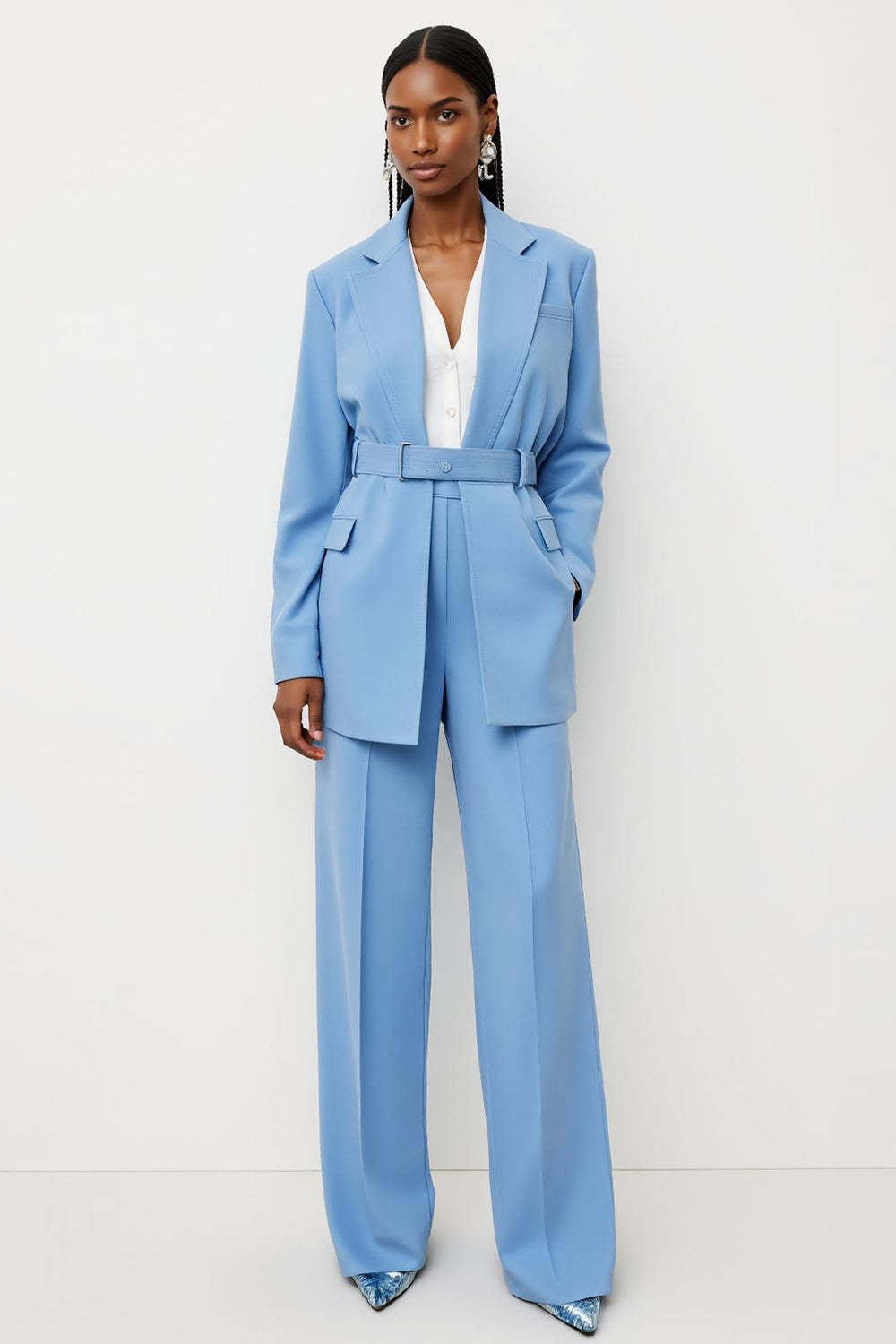 Leely Women Blue 2 Piece Satin Business Suits with Pockets Notched Lapel Long Sleeves Work Suits with Belt