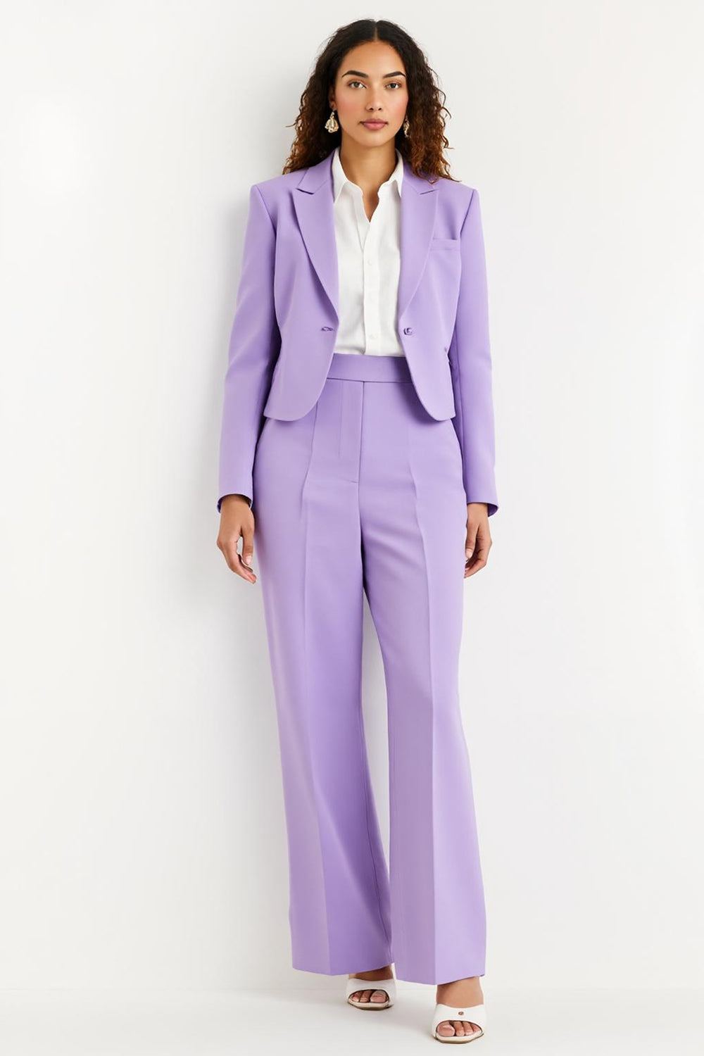 Purple Peak Lapel 2 Piece Satin Flare Leg Women Business Suits