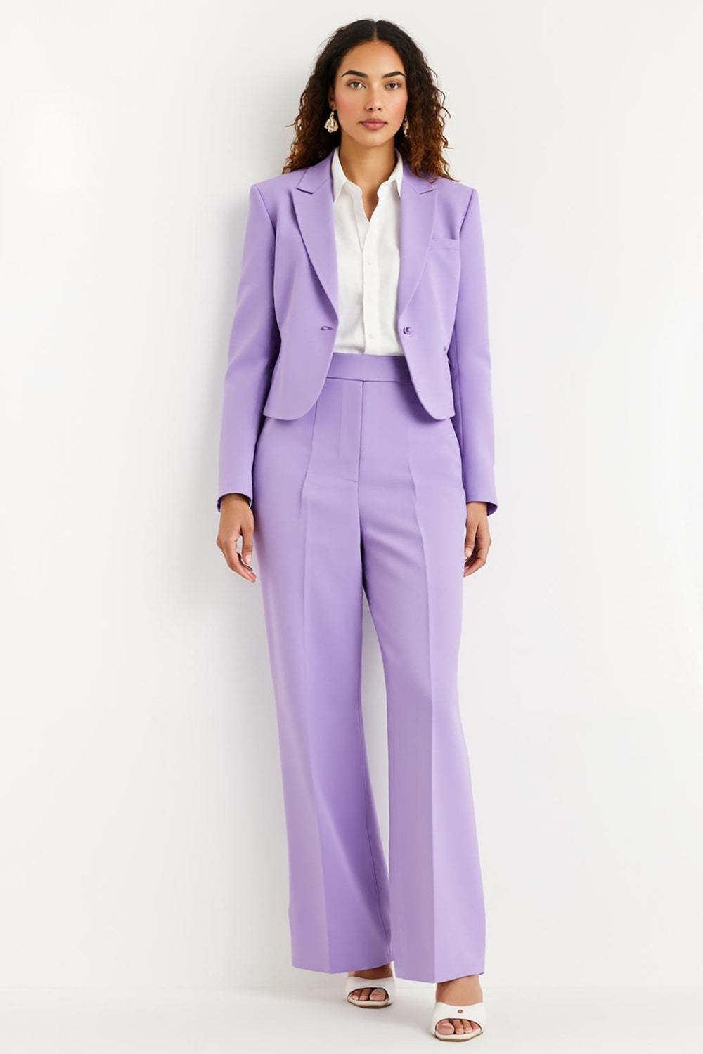 Leely Women Purple Peak Lapel 2 Piece Satin Business Suits One Button Flare Leg Work Suits with Sleeves
