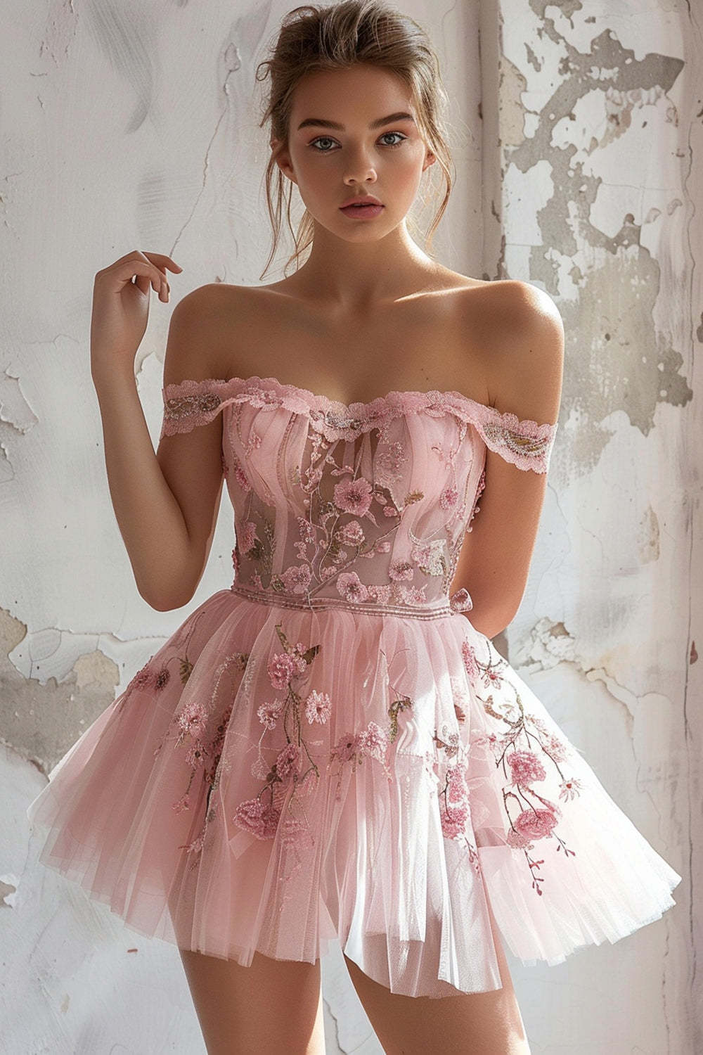 Leely Women Pink Short Floral Homecoming Dress with Ruffles Embroidered Off the Shoulder Ruched A Line Cocktail Dress
