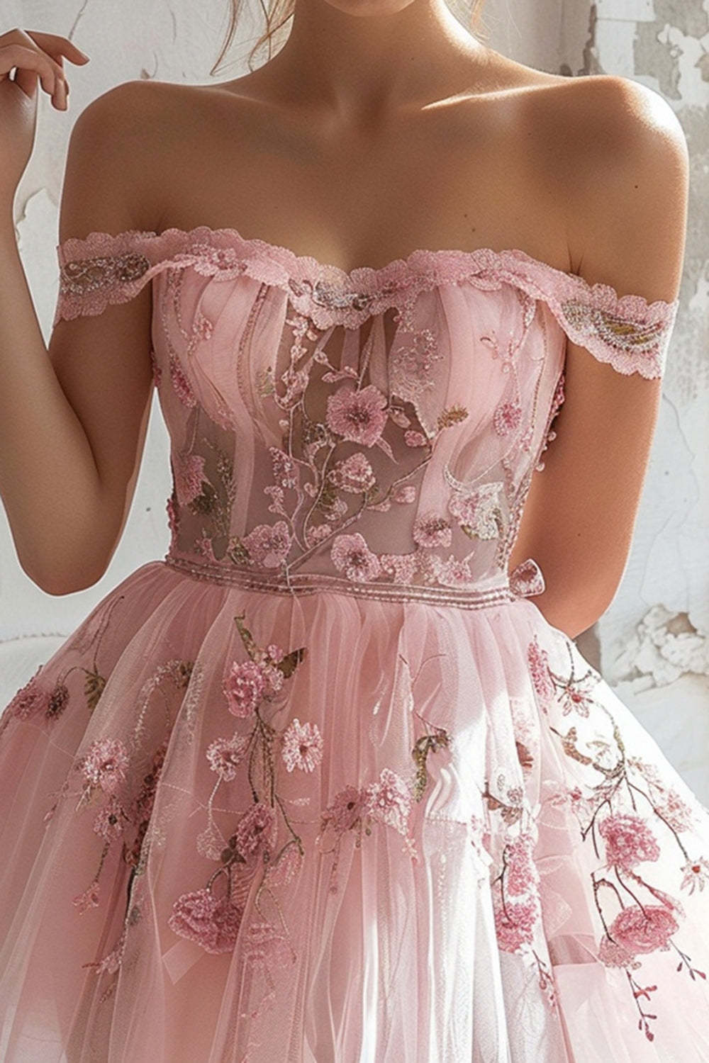 Pink Embroidered Tulle Short Floral Homecoming Dress with Ruffles