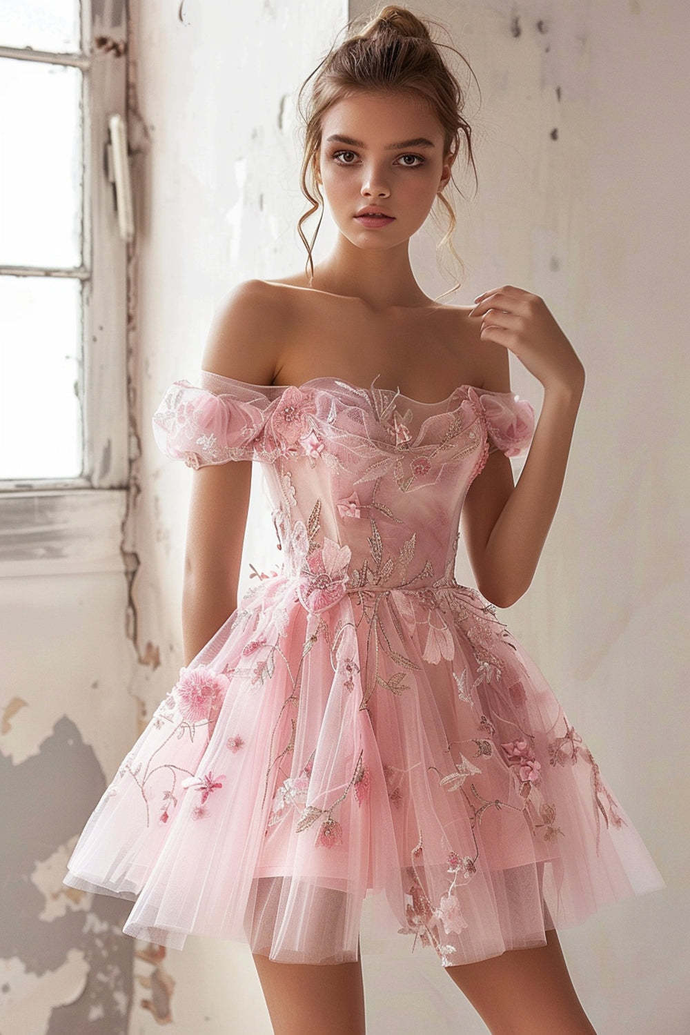 Leely Women Pink Floral Ruffled Short Homecoming Dress A Line Off the Shoulder Cocktail Dress