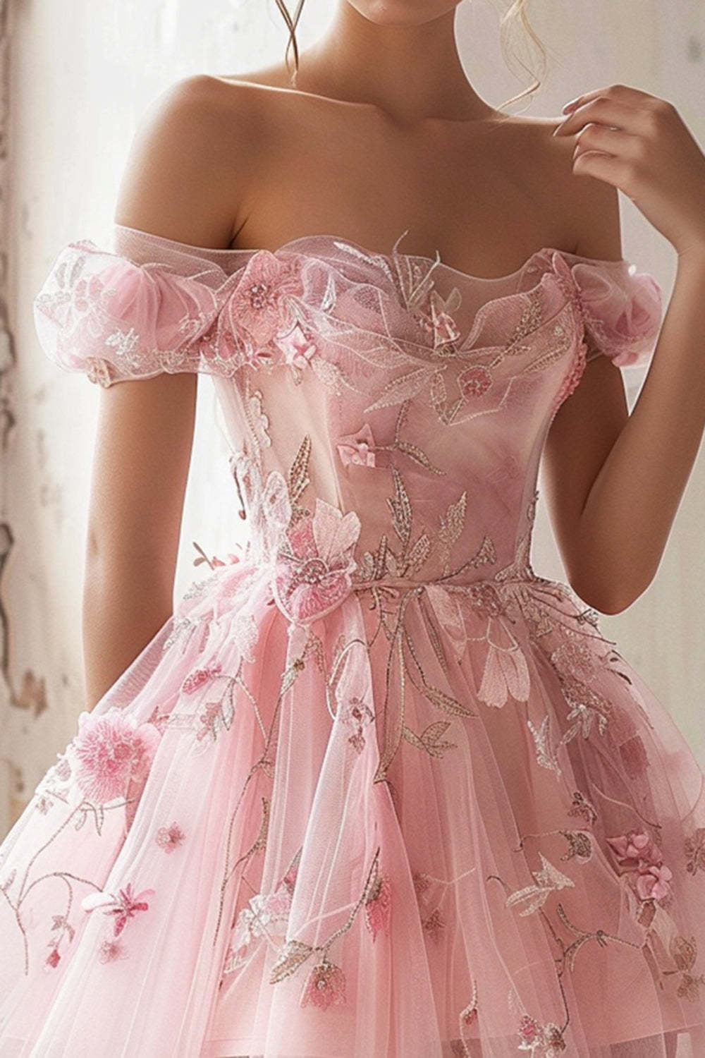 Pink Floral Tulle Off the Shoulder Ruffled A Line Short Homecoming Dress