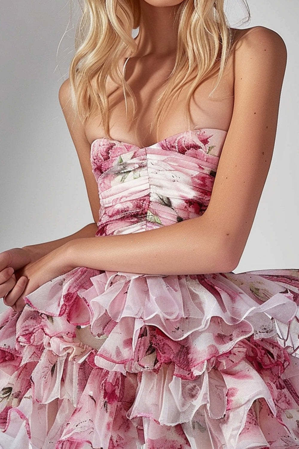 Short Pink Floral Tiered Ruched Strapless Homecoming Dress with Ruffles