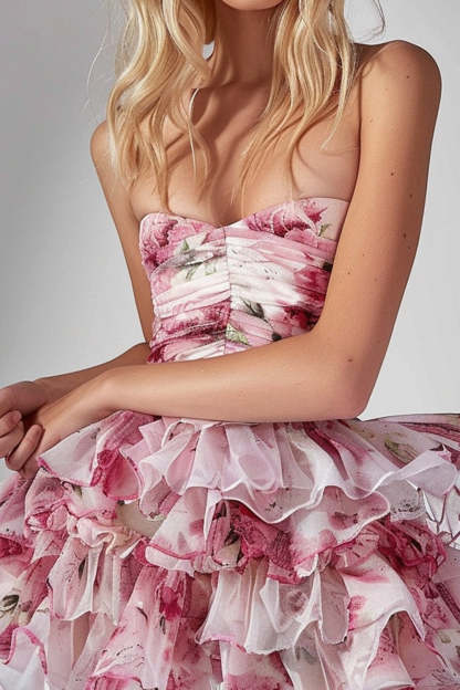 Short Pink Floral Tiered Ruched Strapless Homecoming Dress with Ruffles