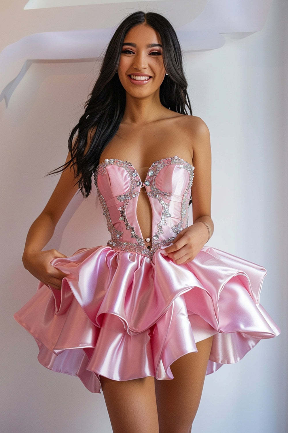 Leely Women Sparkly Pink Satin Short Homecoming Dress with Pearls Strapless Tiered A Line Ruffled Keyhole Cocktail Dress with Rhinestones