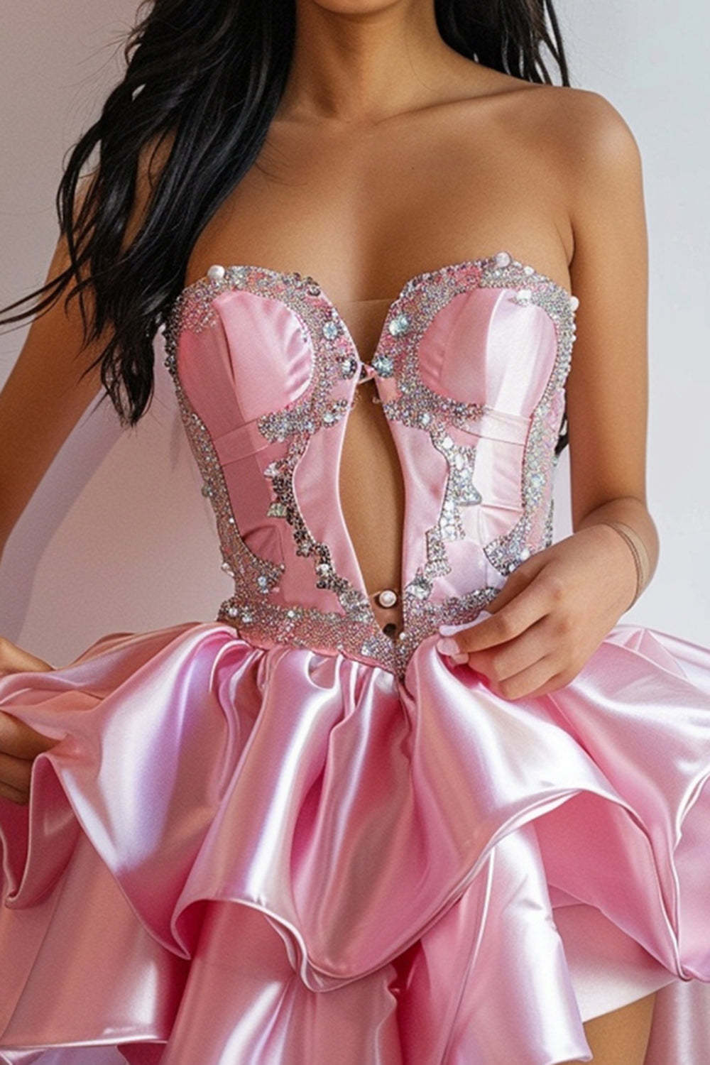 Sparkly Pink Ruffled Strapless Keyhole Short Homecoming Dress with Pearls