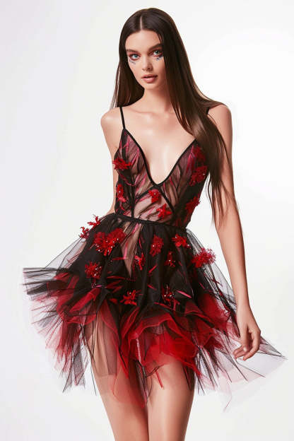Leely Women Sparkly Black and Red Corset Floral Short Homecoming Dress with Ruffles A Line Tulle Spaghetti Straps Cocktail Dress