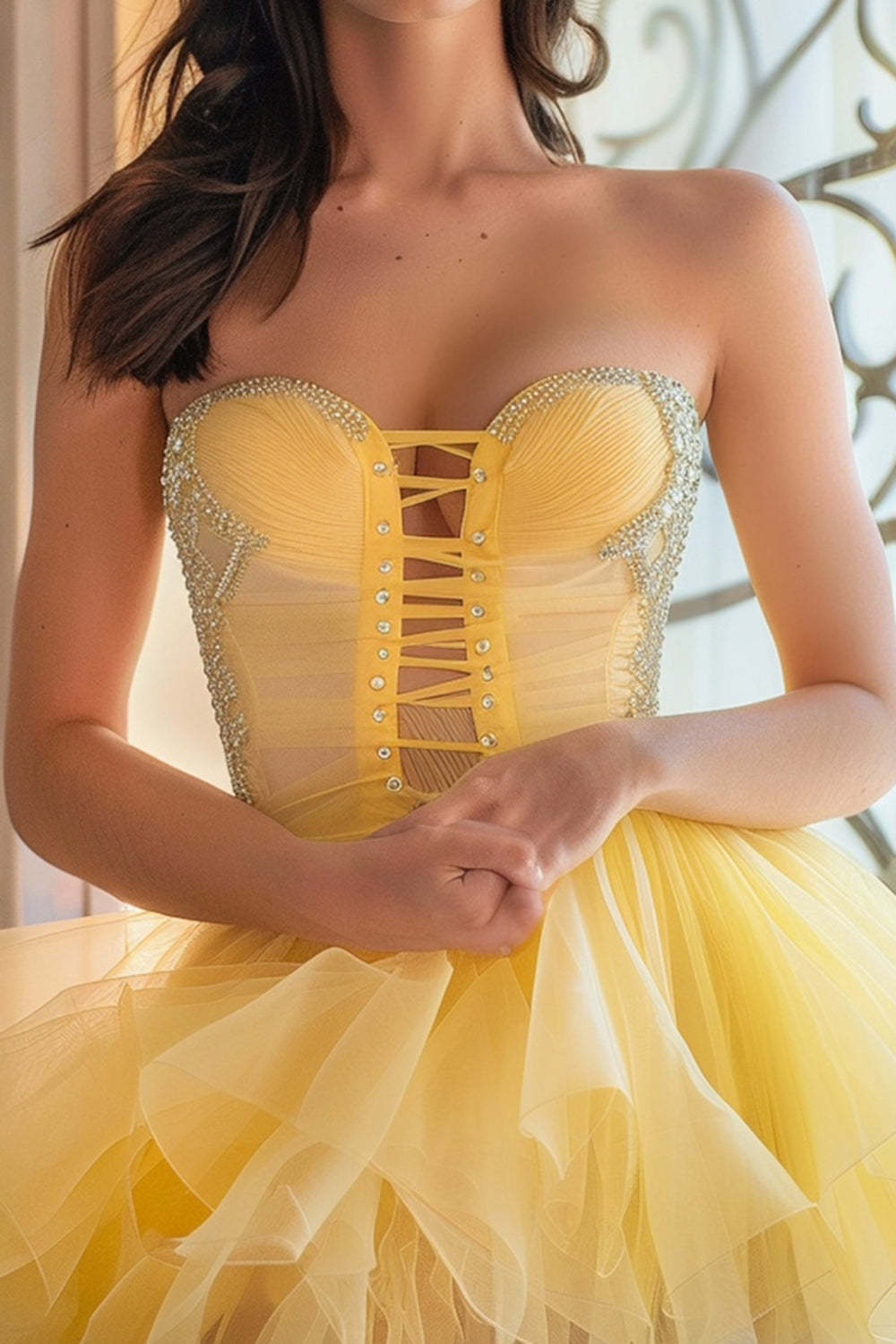 Sparkly Yellow Beaded Lace Up Front Short Homecoming Dress with Ruffles