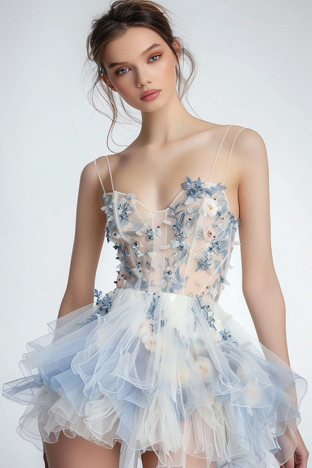 Leely Women Sparkly White and Blue Floral Short Homecoming Dress with Sequins Beaded A Line Ruffled Spaghetti Straps Cocktail Dress