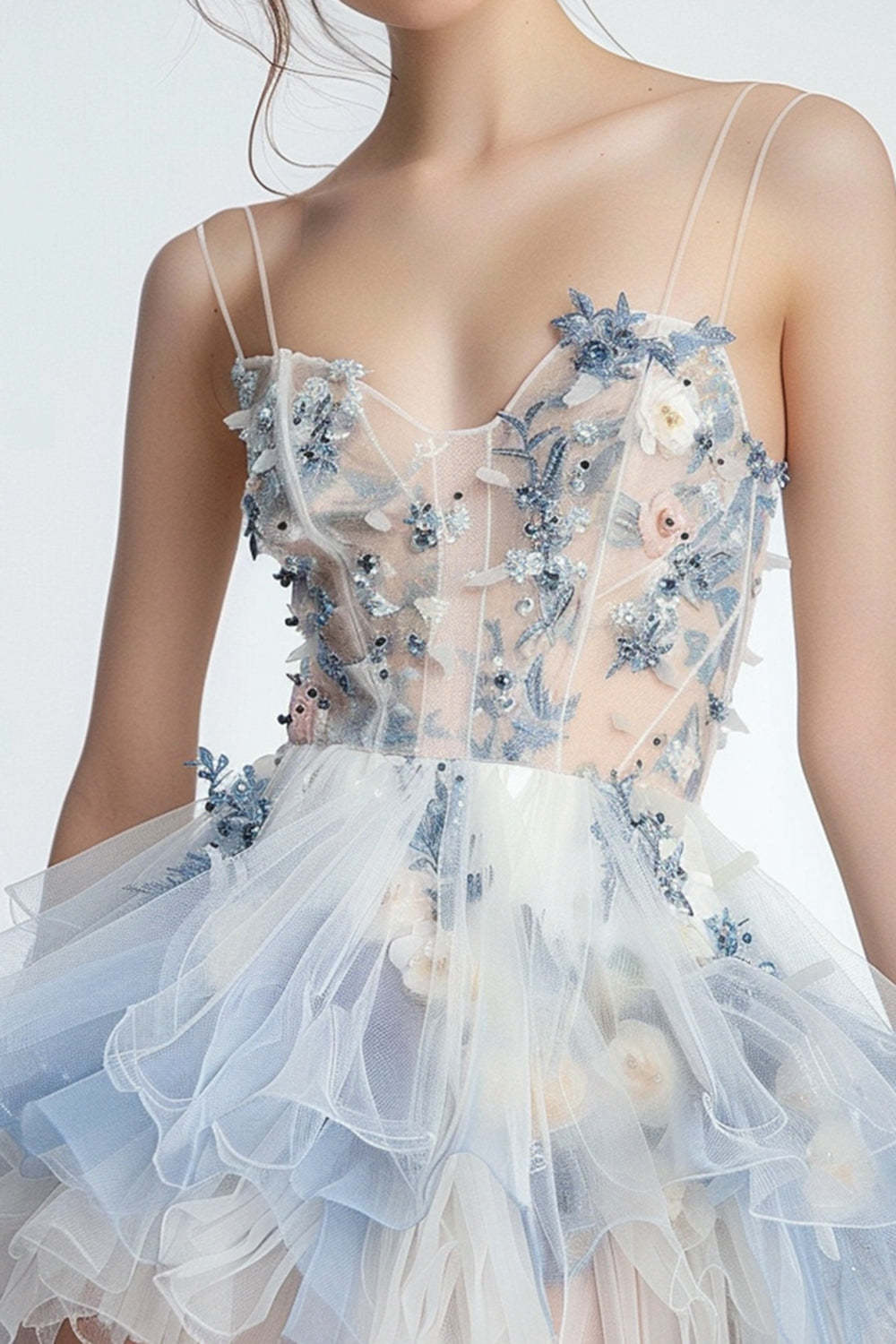 Sparkly White and Blue Floral Ruffled Short Homecoming Dress with Sequins