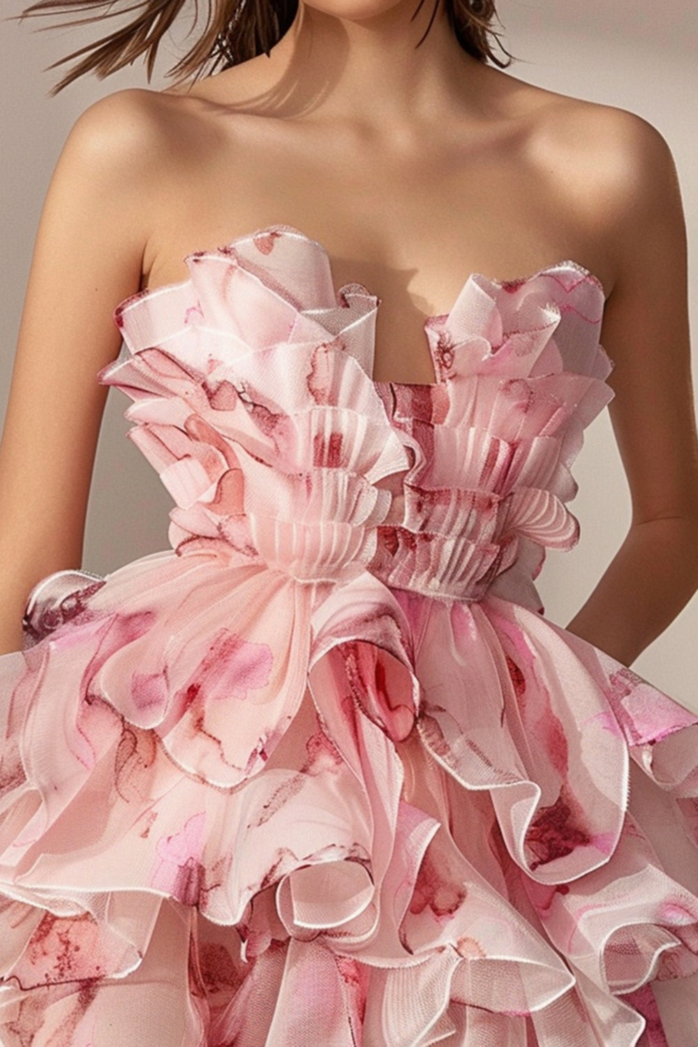 Pink Tiered Ruffled Strapless Floral Short Homecoming Dress