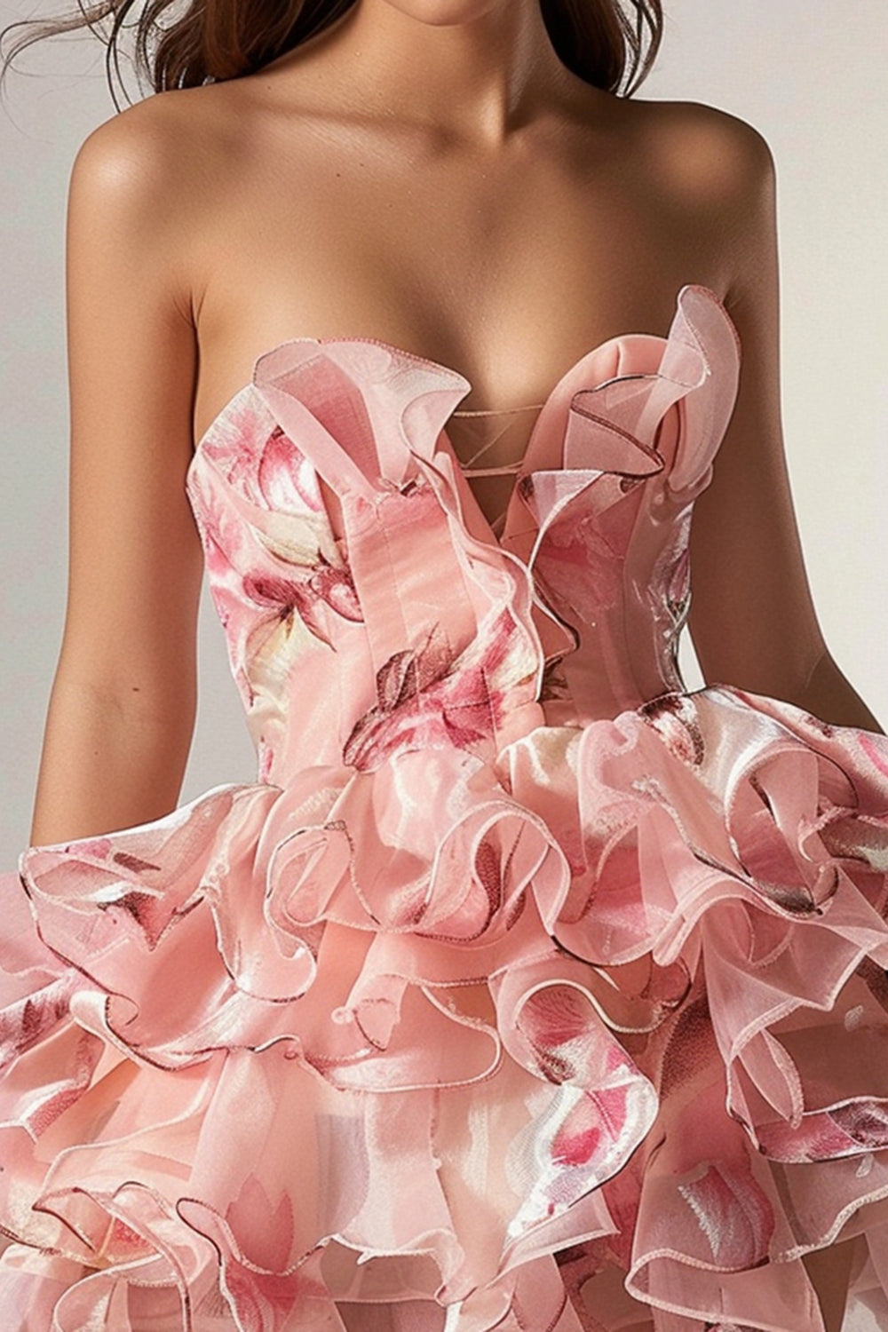 Floral Pink Strapless Short A Line Homecoming Dress with Ruffles